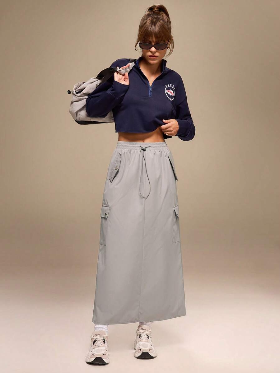 Hanevo 女式休闲工装口袋松紧腰长裙，秋冬