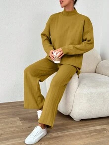 RueChic 2pcs Solid Color Turtleneck Sweater Set - Beige - View 3