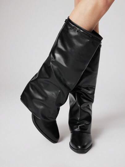 Women's Black Closed Toe Low Heel Buckle Motorcycle Boots, Riding Boots, Boots, Leather Dress Boots, Rock Punk Boots, Shaft Boots, Mid-Calf Boots