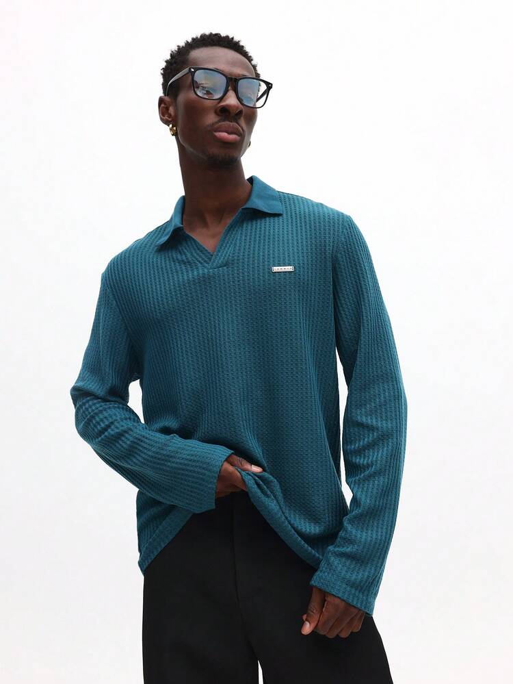 Long Sleeve Waffle Knit Polo Shirt