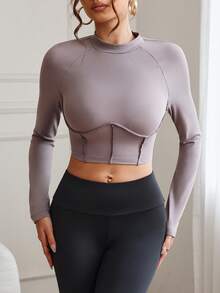 Slayform Camiseta de yoga ajustada de cuello redondo con diseño dividido para uso casual y actividades - Púrpura polvoriento - Ver 6