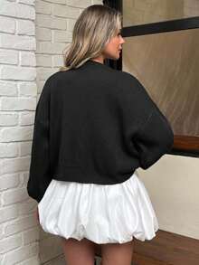 EURMUSE Classic Front Button Round Neck Casual Versatile Long Sleeve Cardigan - Black - View 2