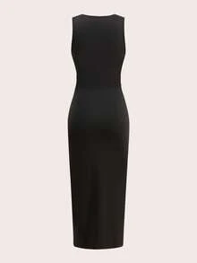 Tseoso 女式褶皱腰背心长裙，秋冬款，带内置衬垫的茶会礼服，晚宴礼服，优雅性感，派对、夜店、婚礼、四季皆宜，毕业典礼、老款、办公室装扮 - 黑色 - 查看 2