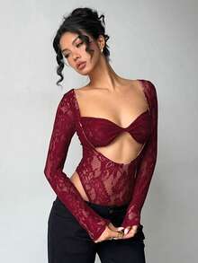 Aloruh Women's Sexy Crop Top Sheer Bodysuit - Burgundy - View 3
