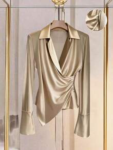 Franclia Élégante blouse drapée de couleur unie pour femmes, idéale pour le travail - Jaune citron - Voir 1