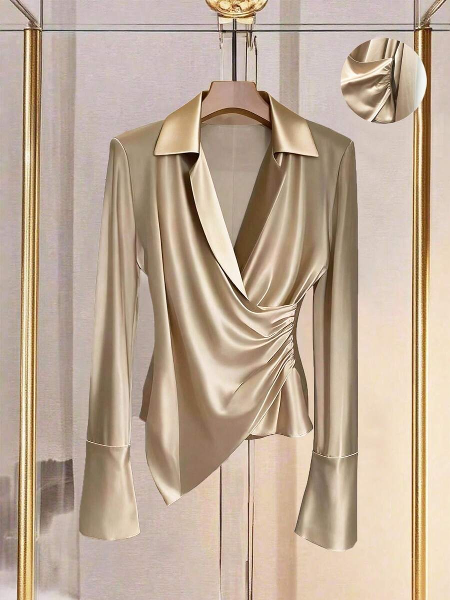 Franclia Élégante blouse drapée de couleur unie pour femmes, idéale pour le travail - Jaune citron - Voir 1