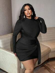 SHEIN LUNE Plus Size Women's Dress, Waist Cinching, Bodycon, Multi-Button Design, Turtleneck, Sexy Party Black Mini Dress, Elegant Women's Dress - Black - View 7