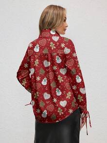 Glamance Polina Brazil Christmas V-Neck Red Santa Claus, Snowman, Gingerbread Man, Santa Hat Print Loose Women Blouse, Winter Chic Stylish Clothing Collection - Multicolor - View 2