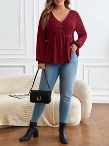 SHEIN Frenchy Áo thun nữ tay dài cổ chữ V hở vai, viền bèo nhún cỡ lớn - Màu Hoa hồng đỏ - Xem 4