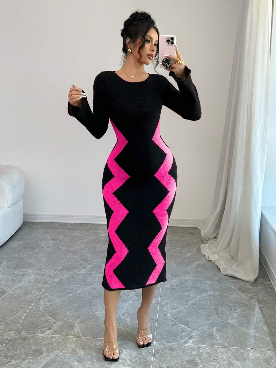 Elenzga Women's Sweater Dress With Flare Sleeves - Rose Red - View 1