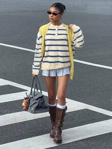 Muchica 女式条纹落肩长袖高领休闲宽松毛衣，秋冬 - 彩色 - 查看 4