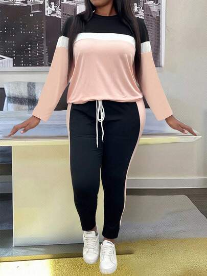 EMERY ROSE Conjunto de 2 piezas de top de manga larga y pantalones de color contrastante para mujer talla grande