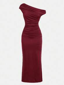 SHEIN Tween Girl Casual Elegant Asymmetric Neck Ruched Waist Bodycon Maxi Knit Dress, Suitable For Halloween Party, Back To School Outfit, Gatherings, Wine Red Dress Elegant Dinner Dress Girls