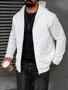 Manfinity CasualCool Men's Casual Everyday Commute Simple Versatile Solid Color Diamond Textured Fabric Zip-Up Hooded Fleece Sweatshirt, Autumn White Long Sleeve Top - White - View 5
