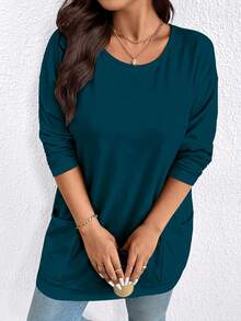 EMERY ROSE 大码女式纯色简约圆领长袖T恤 - 水鴨藍 - 查看 6