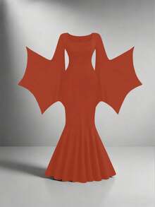EMERY ROSE Plus Size Women Gothic Style Witch Dress, Vintage Batwing Sleeve Scoop Neck Robe, New Halloween Mermaid Tail Elastic Long Robe - Orange - View 5