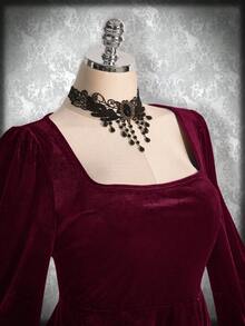 SHEIN ICON Váy nhung cổ vuông tay loe cỡ lớn, trang phục Halloween, váy phù thủy, thích hợp làm váy dự tiệc - Màu Đỏ Sâu - Xem 5