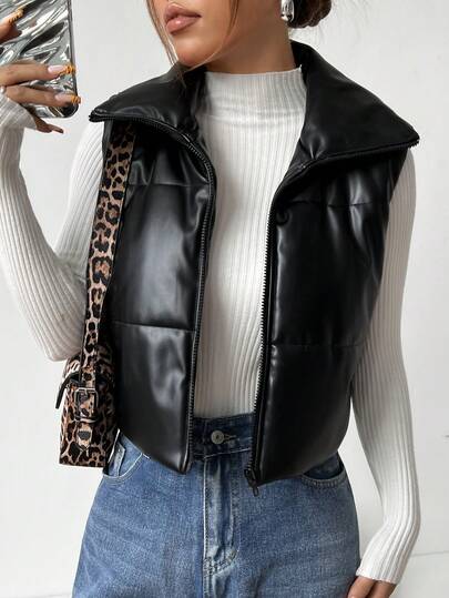 SHEIN EZwear Women Simple Plain Short Leather-Padded Coat , Winter Vest