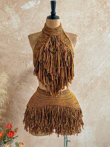 Soleia 颈链细节流苏针织上衣夏季，伊比沙岛装扮，假日度假性感节日狂欢针织逍遥游秋季乡村秋冬纳什维尔 - 棕色 - 查看 6