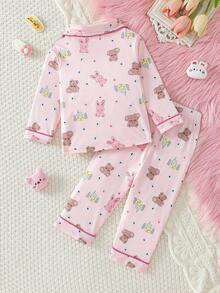 Baby Girl 2pcs Pajamas Set, Cute Rabbit & Bear Print Pink Long Sleeve Top And Casual Pants, Sleepwear - Pink - View 2