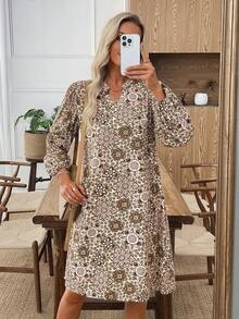 EMERY ROSE 女式休闲全印花缺口领长袖中长连衣裙，秋季 - 彩色 - 查看 3