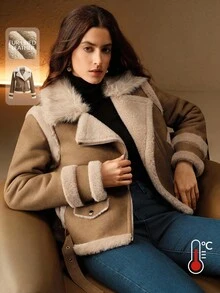 Anewsta Áo khoác ngắn tay dài cổ ve lật dành cho nữ, áo khoác đi xe máy thường ngày, mùa thu/đông - Màu Khaki - Xem 3