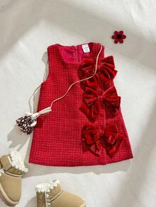 SHEIN Infant Girls' Princess Style Round Neck Sleeveless Dress With Front Bow & Invisible Back Zipper, Autumn/Winter - Red - View 8