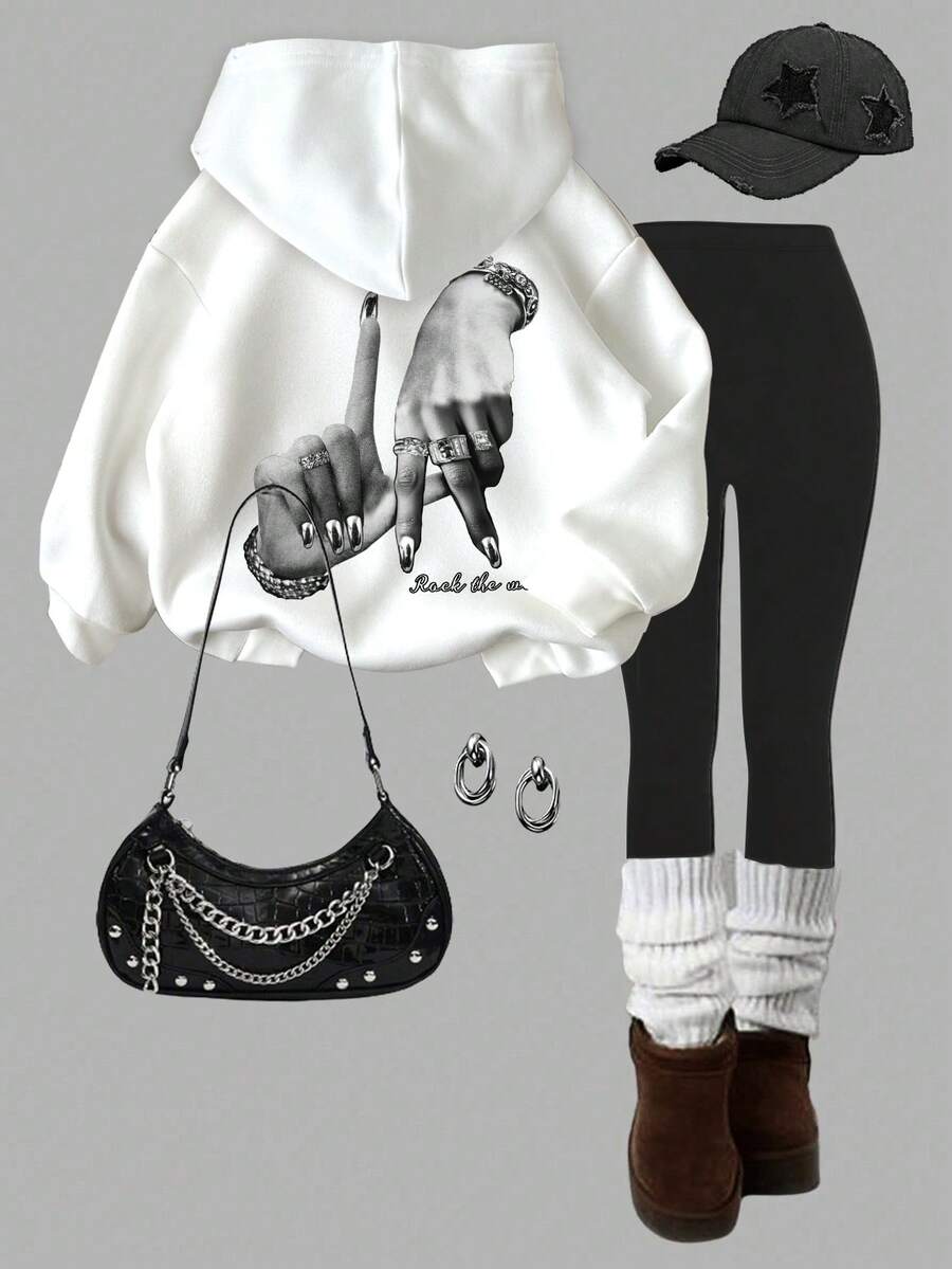 SHEIN Leap Crew 2 件套青少年女孩休闲洛杉矶手势印花连帽运动衫和紧身裤套装，适合秋冬季 - 彩色 - 查看 1