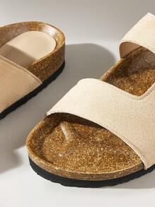 Solecia Women's Fashion Buckle Detail Flat Sandals, Summer Beach Vacation Slip-On Sandals - Apricot - View 6