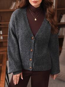 Isle Nomé Women's Casual Everyday Commute Comfortable Simple Solid Color Drop Shoulder Loose Button Front Cardigan, Autumn/Winter - Grey - View 2
