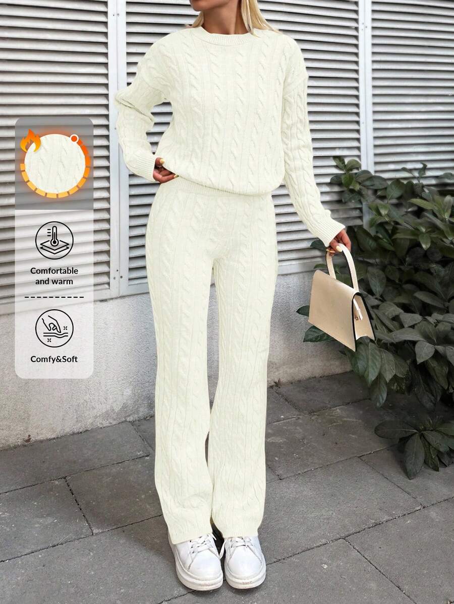 EURMUSE Conjunto De Duas Peças De Suéter De Tricô De Cabo Com Ombro Caído E Cor Sólida Para Mulheres - Branco - Ver 1