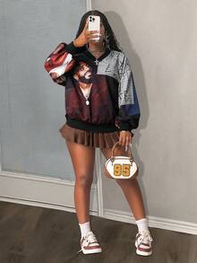 Slaydiva 2025年秋季新品，适合生日派对、校园风格、学生装、日常外出、基础百搭、休闲、度假、邮轮旅行、海滩、日光浴、网络热搜、街头风格、朋克风格、俱乐部、V领长袖、肖像印花、宽松运动衫、秋季上衣、女式连帽衫 - 彩色 - 查看 7