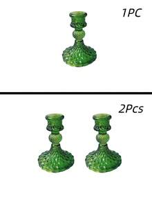 1pc/2pcs Green Glassware Diamond Patterned Candlestick Pedestal, Home Decor Centerpiece, Glass Candlestick Holder Taper And Pillar Candle Holder, For Dining Table, Living Room,Wedding,Gifts, Desktop Decoration Wedding Dinning Party - Green - View 3
