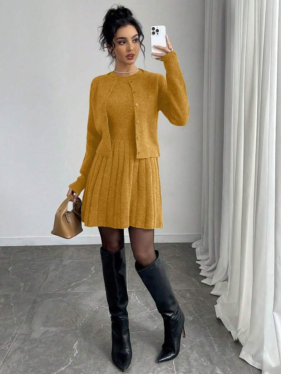 Elenzga 2pcs Women's Autumn Simple Solid Color Button Front Cardigan And Sweater Dress Set - Yellow - View 1