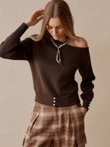 Chiquease Jersey de punto con hombro asimétrico descubierto, manga farol, jersey de mujer de otoño/invierno, jersey casual vintage con decoración de botones - Café integral - Ver 3