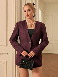 Aveloria Rosie 秋冬酒红色复古美式时尚设计无领收腰宽肩廓形西装外套和高腰迷你裙两件套 - 彩色 - 查看 6