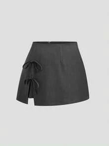 Sunspun Plus Size College Style Bowknot Split Hem Skirt, Spring/Summer