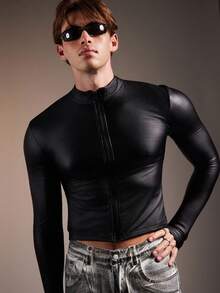 FeverCity Casual Slim Fit Solid Color Stand Collar Long Sleeve Short Men's Jacket, Fall - Black - View 6