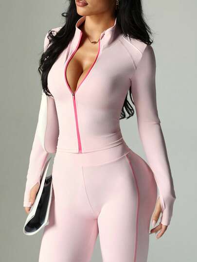 Dewbera 2pcs Women's Sports Suit For Autumn/Winter/Spring, Includes: Tight-Fitting Contrast Color Full-Zip Long Sleeve Jacket With Thumb Hole And Contrast Tape Trim, Paired With Contrast Color Patchwork High-Waist Flared Leggings. Suitable For Daily Casual Wear, Running, Yoga, Gym, Tennis, Etc.