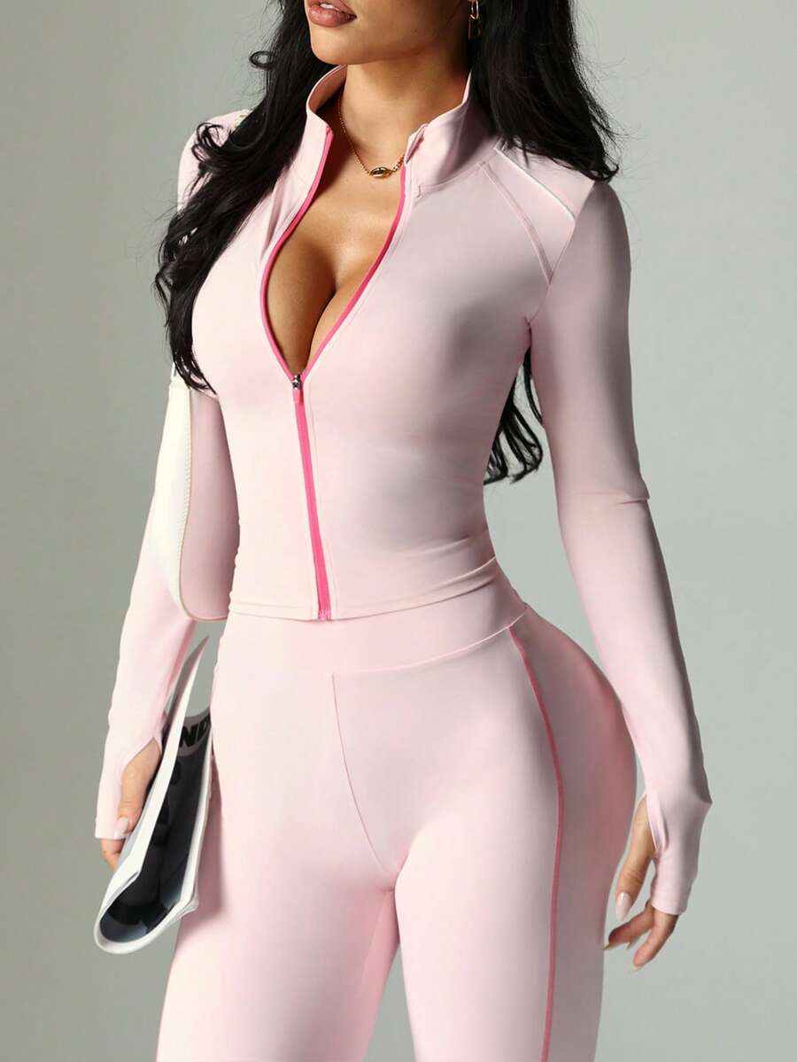 Dewbera بدلة رياضية للنساء لفصول الخريف/الشتاء/الربيع، تتكون من: جاكيت بسحاب كامل بأكمام طويلة ضيق مع فتحة للإبهام وشريط تباين، مقترنة بسروال ضيق بخصر عالي وتصميم لوحات تباين اللون. مناسبة للارتداء اليومي العادي، الجري، اليوغا، الجيم، التنس، إلخ. - وردي - مشاهدة 1