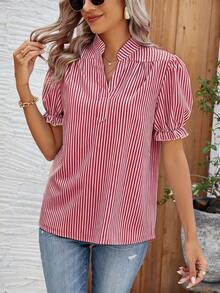 Calvaya Women Leisure Striped Print Notched Collar Bubble Sleeve Shirt For Summer - Burgundy - View 5