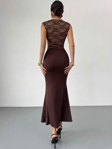 Firerie 女士优雅蕾丝拼布修身连衣裙/舒适秋冬女装/优雅派对连衣裙/性感连衣裙/棕色蕾丝连衣裙/新年造型/仙女风格连衣裙/紧身胸衣连衣裙/新年连衣裙/性感连衣裙 - 棕色 - 查看 7