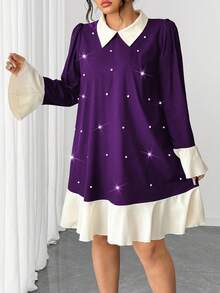 Elenzga Fashionable Casual French Retro Romantic Elegant Pearl Contrast Color Dress - Purple - View 4