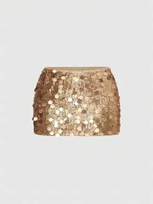 ROMWE EDITION Bộ 2 món áo crop top hở vai đính sequin dự tiệc Y2K gợi cảm cổ điển và chân váy mini cạp thấp dành cho nữ - màu nâu - Xem 4
