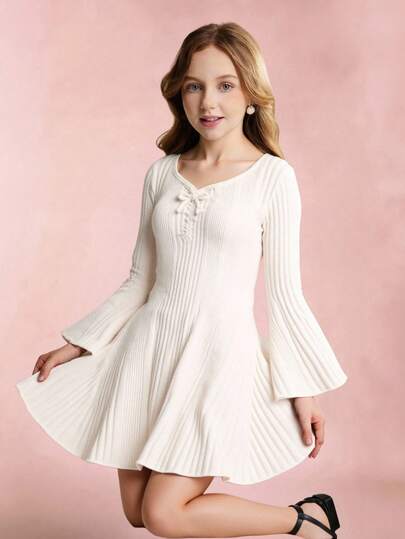 Tween Girl Solid Color Bow Decor Flare Sleeve Ribbed Knit Dress