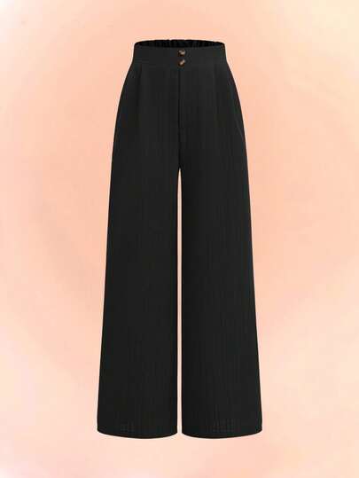 بنطلون واسع مطرز بخطوط عمودية بنمط مزرر للطفلات المراهقات، باللون الأسود