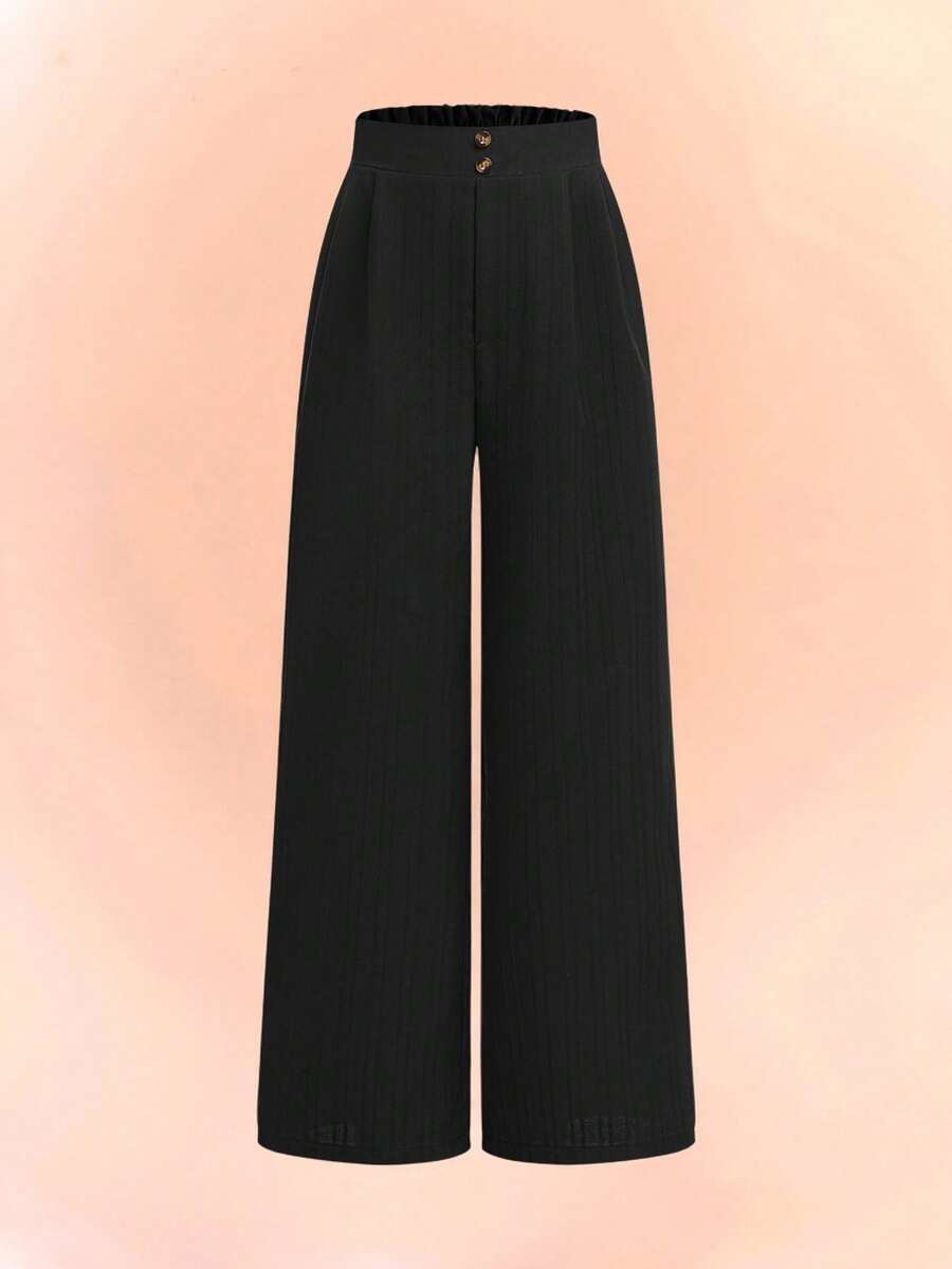 Tween Girls Textured Vertical Striped Black Loose Buttoned Long Pants