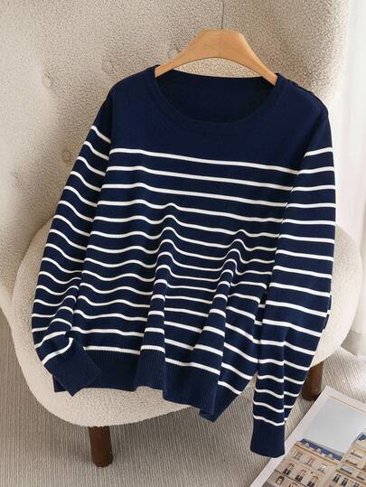 CosyJoli Plus Size Women Striped Crew Neck Long Sleeve Casual Sweater, Autumn/Winter Navy Blue