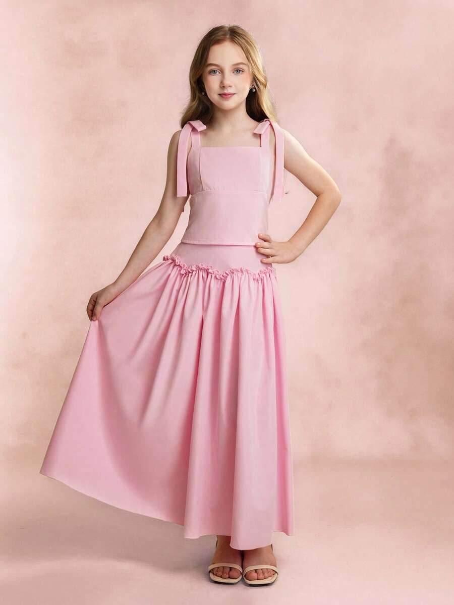 2pcs/Set Tween Girl Solid Color Camisole And Pleated Midi Skirt Set, Summer - Pink - View 1