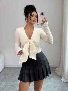 SHEIN Unity Women's Elegant Commuter Bow Front Fitted Sweater - Beige - View 3